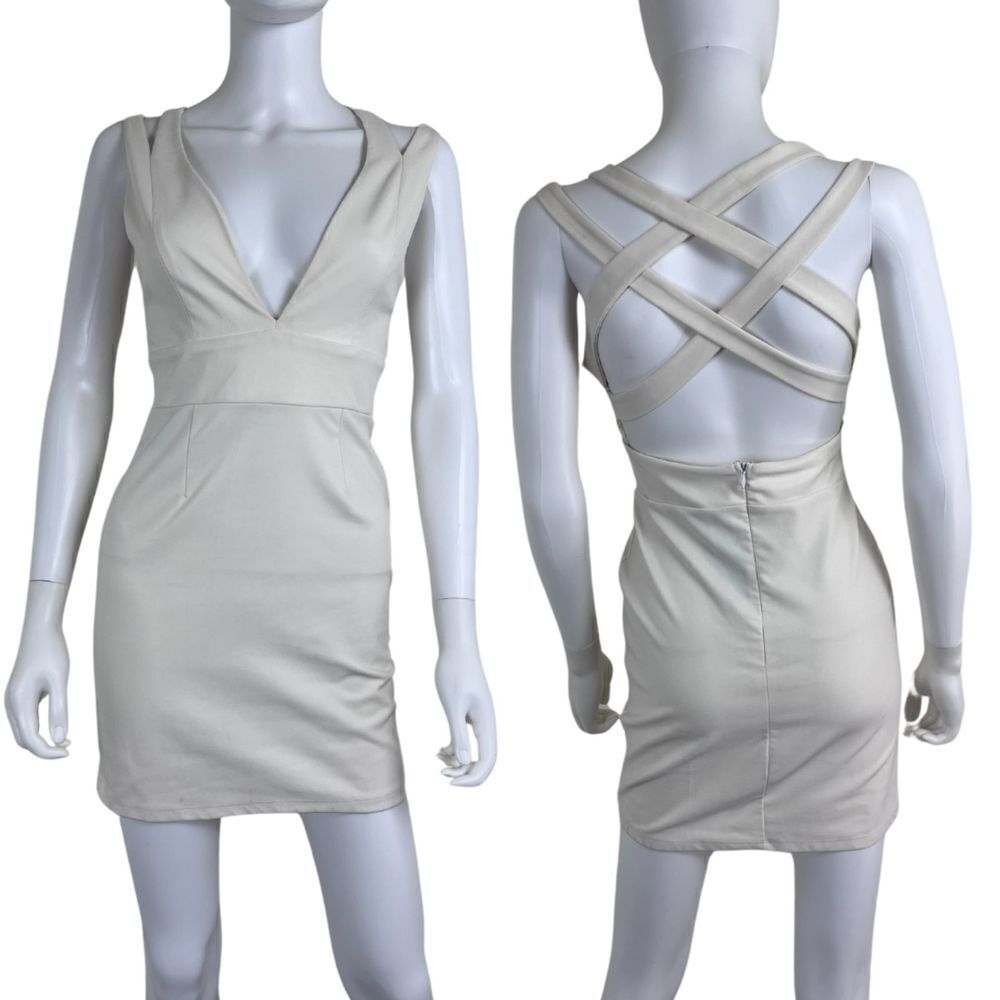 NBD Women Size M Late Night Cross Strap Cream Bodycon Mini NEW Dress Sleeveless